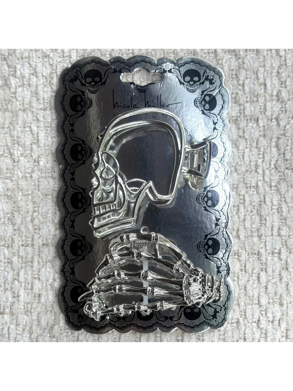 Nicole Miller Skeleton Hair Clips 2pc Silver Metal Claw Halloween Skull Hand New